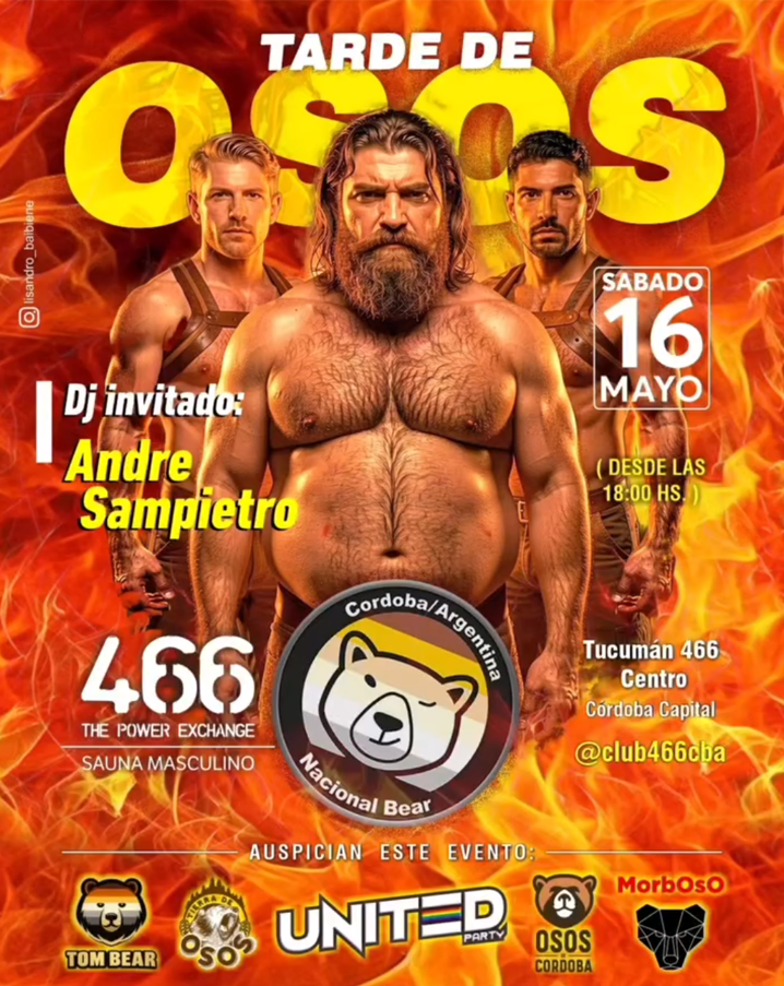 Cordobagay.com.ar y Osos de Córdoba: FREE ENTRANCE en Sauna de Osos en Club 466, Tucumán 466, Córdoba Capital - 16 de Mayo del 2026