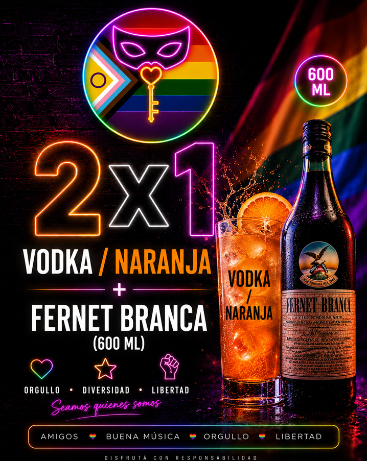 Cordobagay.com.ar y Osos de Córdoba: DESCUENTO 2x1 en Vodka/naranja y Fernet Branca (600 ml) - Housing Bar - Julio 2026   
